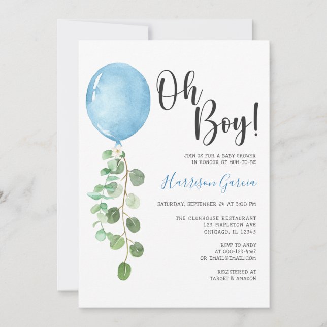 Oh Boy Blue Balloon Baby Shower Invitation (Front)