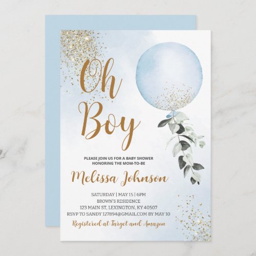 Oh Boy Blue Balloon Baby Shower Invitation