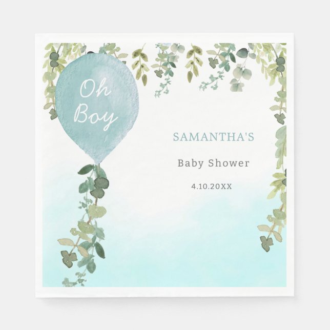 Oh boy blue balloon boy baby shower greenery napkins (Front)