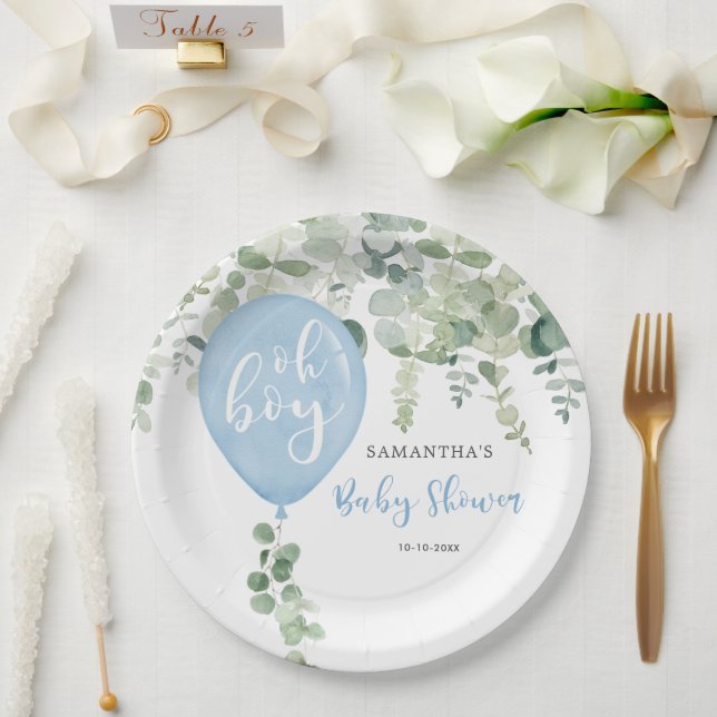 Oh boy blue balloon boy baby shower greenery paper plates (Wedding)