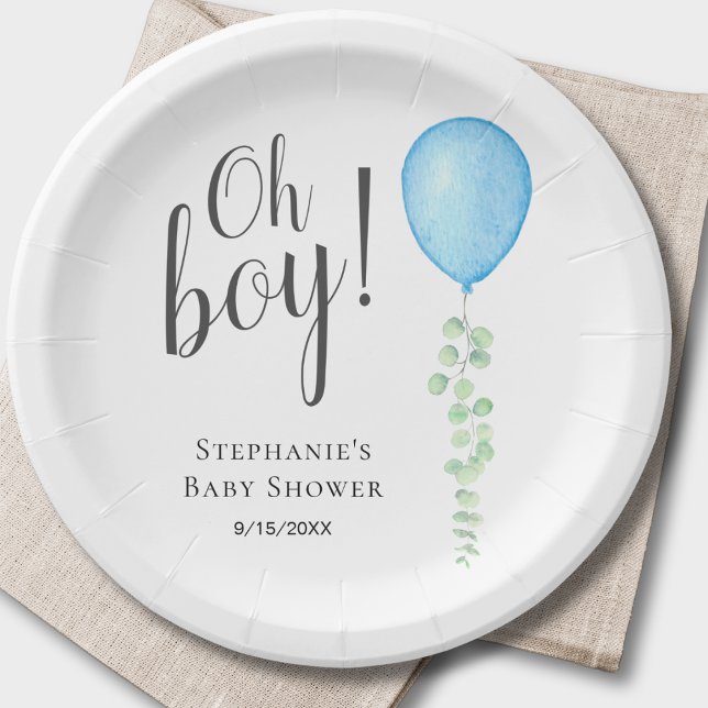 Oh Boy Blue Balloon Boy Baby Shower  Paper Plates (Creator Uploaded)