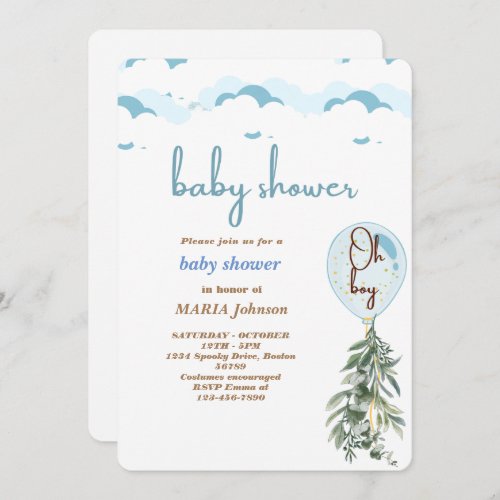 Oh Boy Blue Balloon Eucalyptus Baby Shower  Invita Invitation