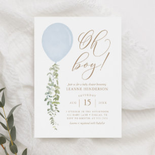 Oh Boy Blue Balloon Eucalyptus Baby Shower Invitat Invitation