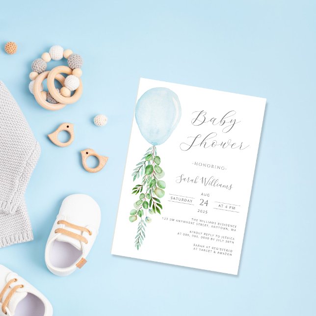 Oh Boy Blue Balloon Eucalyptus Baby Shower Invitat Invitation (Creator Uploaded)