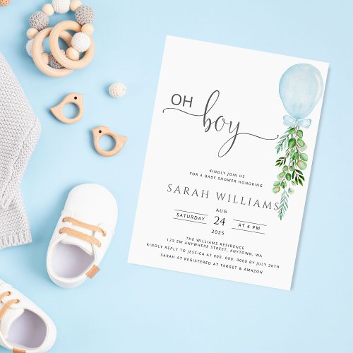 Oh Boy Blue Balloon Eucalyptus Baby Shower Invitat Invitation