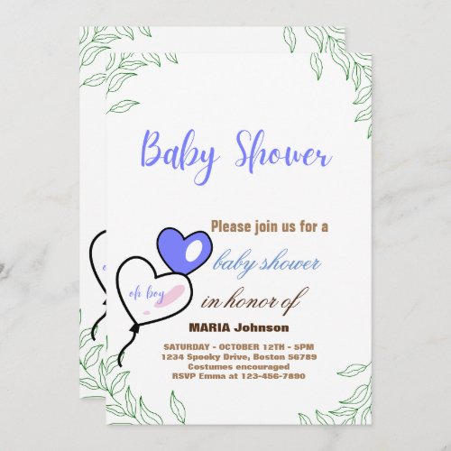 Oh Boy Blue Balloon Eucalyptus Baby Shower Invitat Invitation