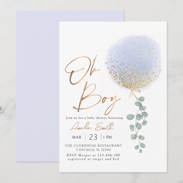 Oh Boy Blue Balloon Eucalyptus Baby Shower Invitation (Front/Back)