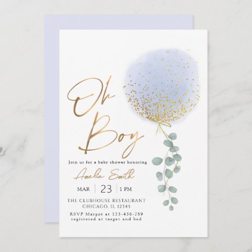 Oh Boy Blue Balloon Eucalyptus Baby Shower Invitation