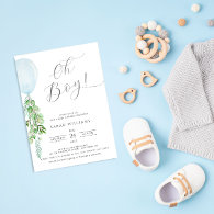 Oh Boy Blue Balloon Eucalyptus Baby Shower  Invitation