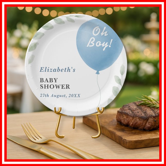Oh Boy Blue Balloon Eucalyptus Baby Shower Paper Plates (Creator Uploaded)
