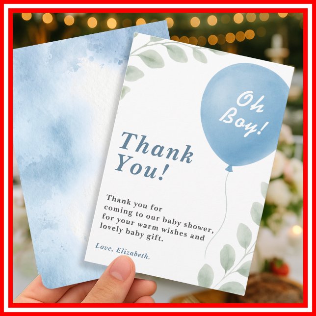 Oh Boy Blue Balloon Eucalyptus Baby Shower Thank You Card (Creator Uploaded)