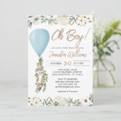 Oh Boy Blue Balloon Eucalyptus Flowers Baby Shower Invitation (Standing Front)