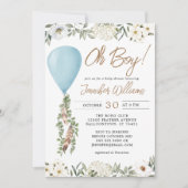 Oh Boy Blue Balloon Eucalyptus Flowers Baby Shower Invitation (Front)