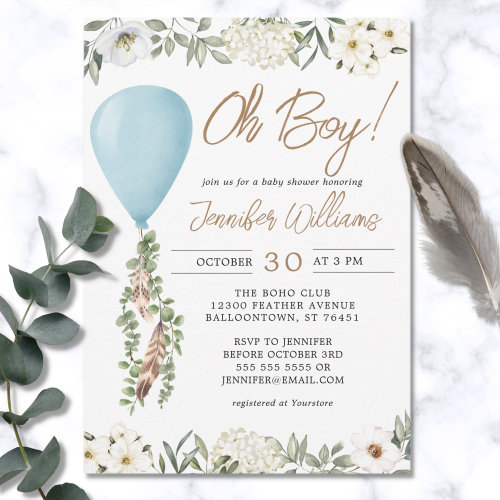 Oh Boy Blue Balloon Eucalyptus Flowers Baby Shower