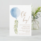 Oh Boy Blue Balloon Eucalyptus Foliage Baby Shower Invitation (Standing Front)
