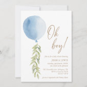 Oh Boy Blue Balloon Eucalyptus Foliage Baby Shower Invitation (Front)