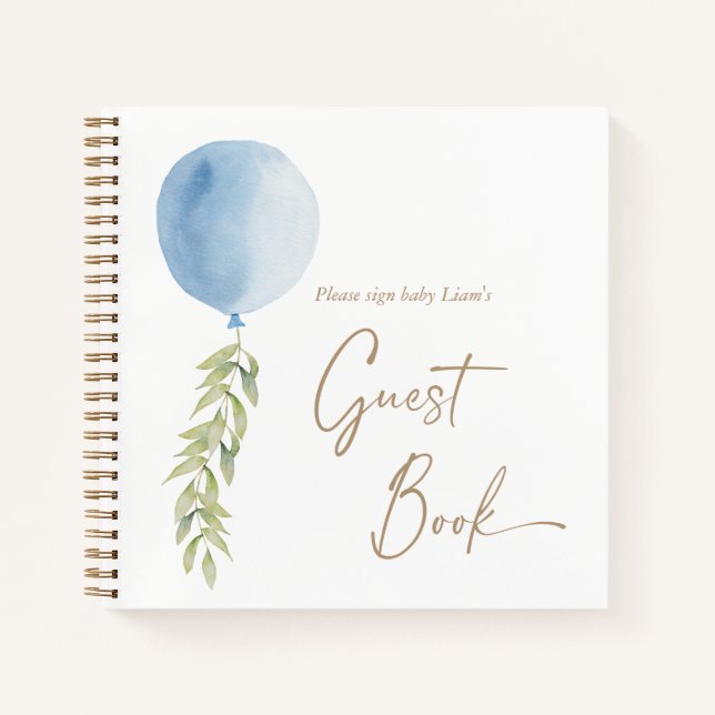 Oh Boy Blue Balloon Eucalyptus Foliage Guest Book (Front)
