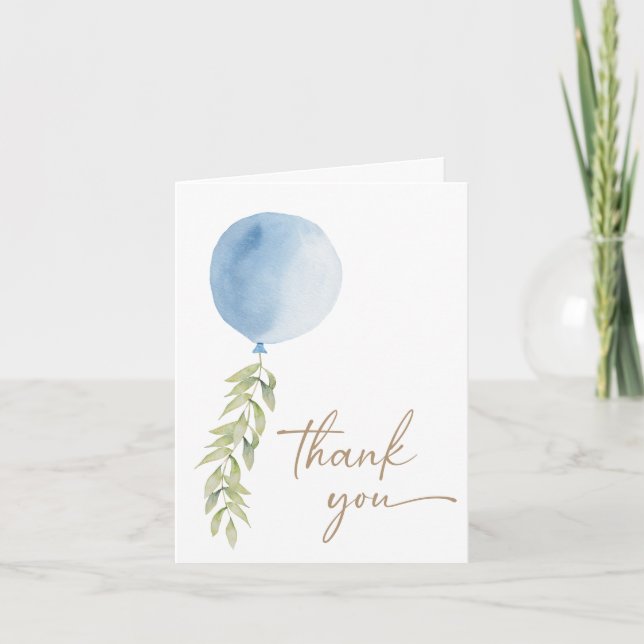 Oh Boy Blue Balloon Eucalyptus Thank You Card (Front)