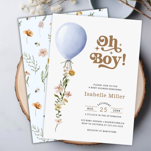 Oh Boy Blue Balloon Floral Baby Shower Invitation