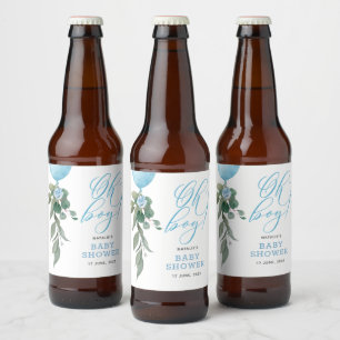 Oh Boy Blue Balloon Greenery Baby Shower Beer Bottle Label