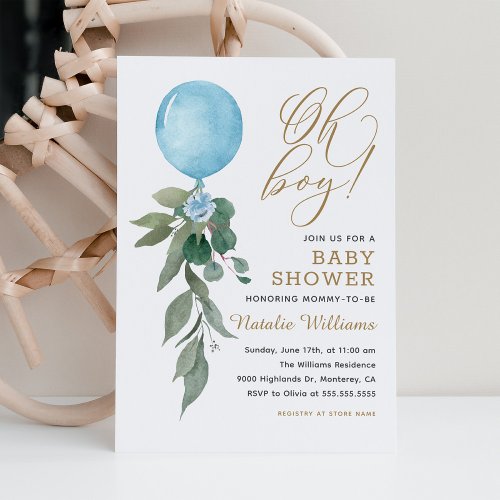 Oh Boy Blue Balloon Greenery Baby Shower Invitation