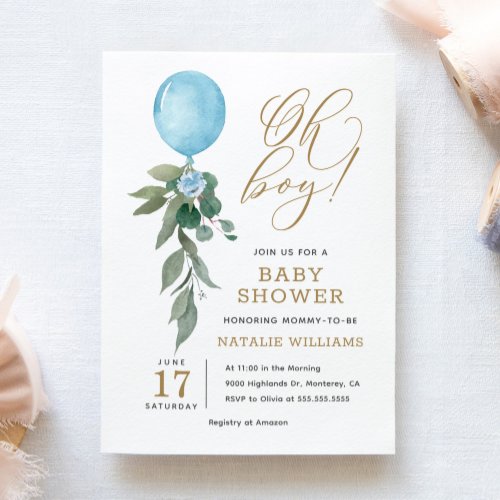 Oh Boy Blue Balloon Greenery Baby Shower Invitation