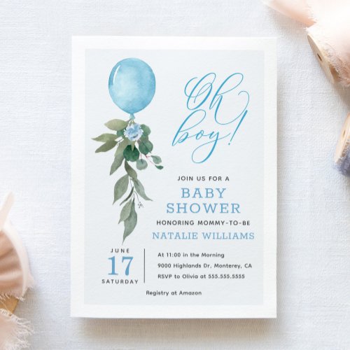 Oh Boy Blue Balloon Greenery Baby Shower Invitation