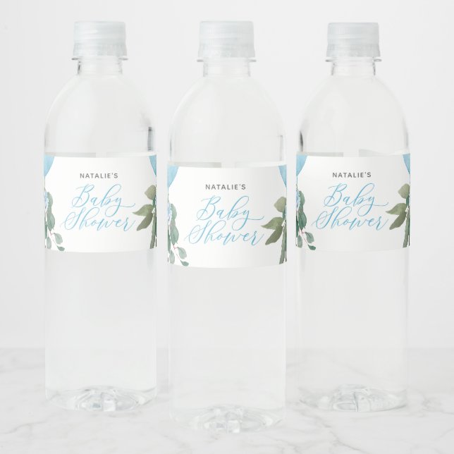 Oh Boy Blue Balloon Greenery Baby Shower Water Bottle Label (Bottles)