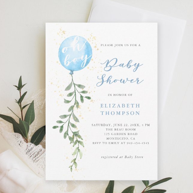 Oh Boy Blue Balloon Soft Greenery Boy Baby Shower Invitation (boy baby shower invitation blue balloon greenery watercolor modern calligraphy simple elegant)
