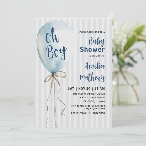 Oh Boy Blue Balloon Watercolor Baby Shower Invitation
