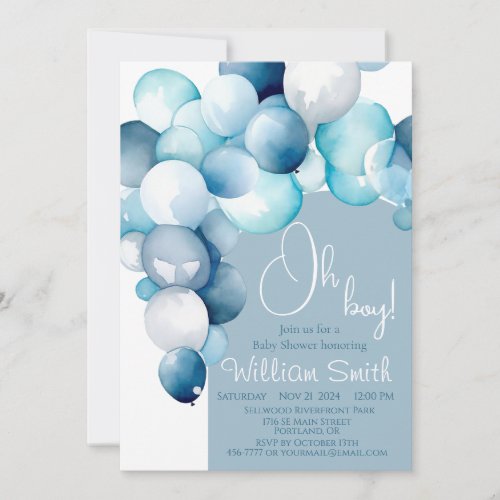 Oh Boy blue balloons arch baby shower Invitation