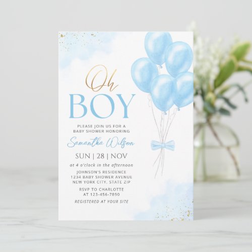 Oh Boy Blue Balloons Baby Shower Invitation