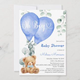 Oh Boy Blue Balloons Cute Bear Baby Boy Shower Invitation