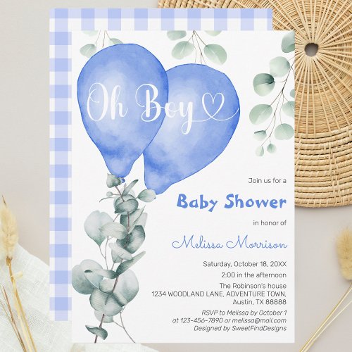 Oh Boy Blue Balloons Modern Eucalyptus Baby Shower Invitation