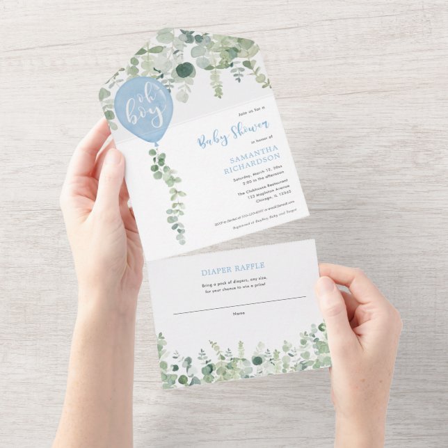 Oh boy blue balloons modern greenery baby shower a all in one invitation (Tearaway)