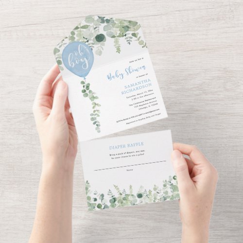 Oh boy blue balloons modern greenery baby shower a all in one invitation