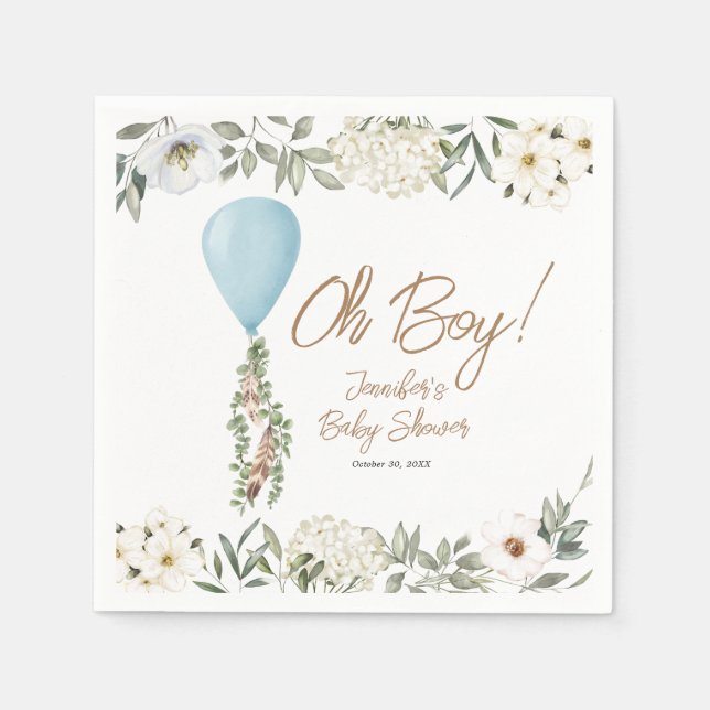 Oh Boy Blue Boho Balloon Baby Shower  Napkins (Front)