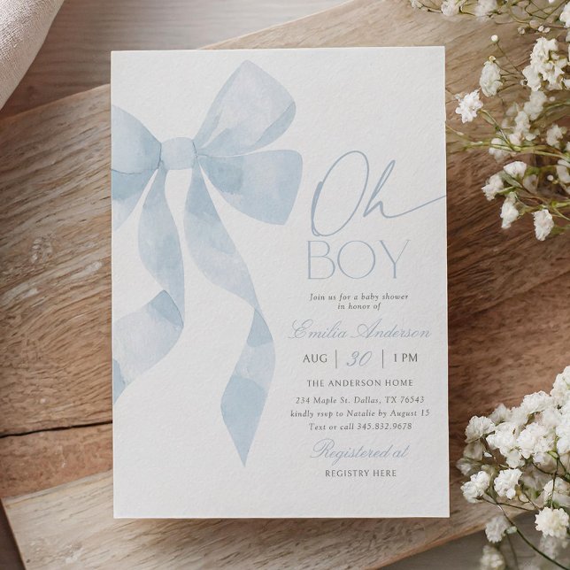 Oh Boy Blue Bow Baby Shower Invitation (Creator Uploaded)