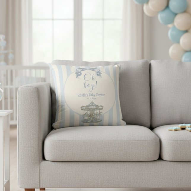 Oh Boy Blue Bow Carousel Horse Circus Baby Shower  Throw Pillow (Creator Uploaded)