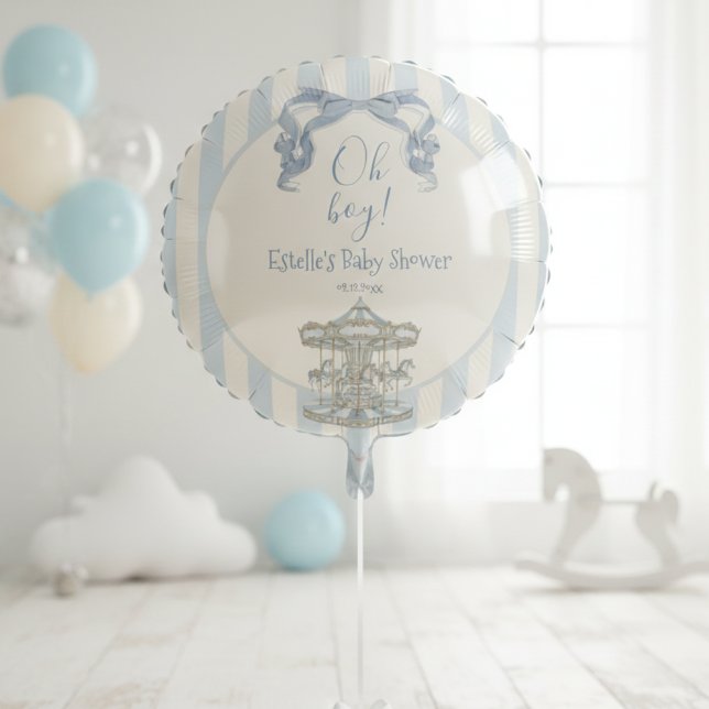 Oh Boy Blue Bow Carousel Stripe Baby Shower Boy Balloon (Creator Uploaded)