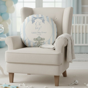 Oh Boy Blue Bow Carousel Stripe Baby Shower Round Pillow