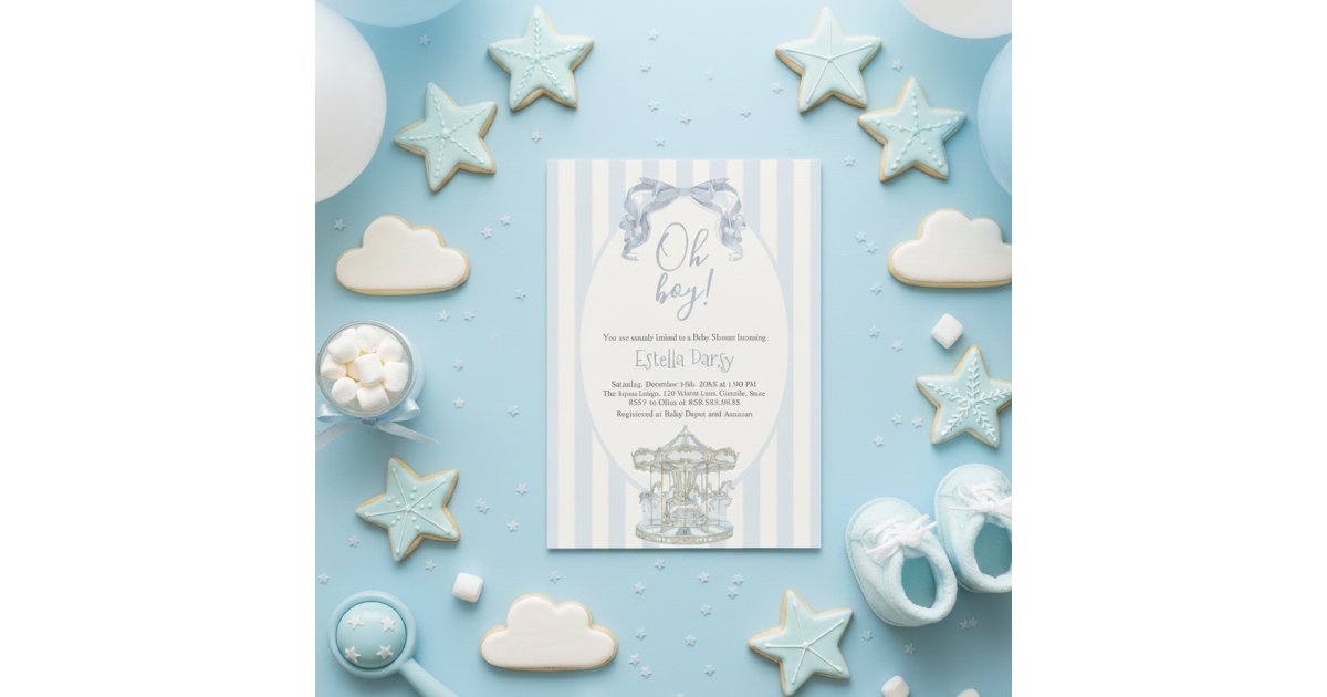 Oh Boy Blue Bow Carousel Vintage Baby Shower Invitation | Zazzle