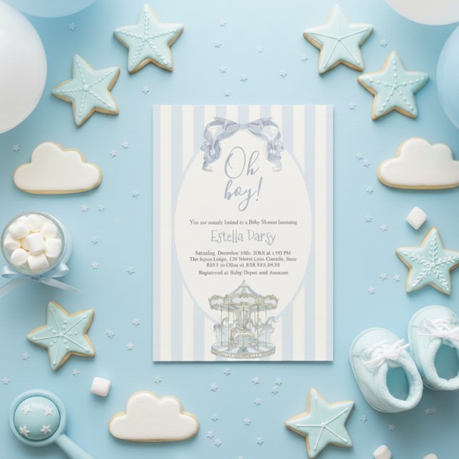 Oh Boy Blue Bow Carousel Vintage Baby Shower Invitation (Creator Uploaded)