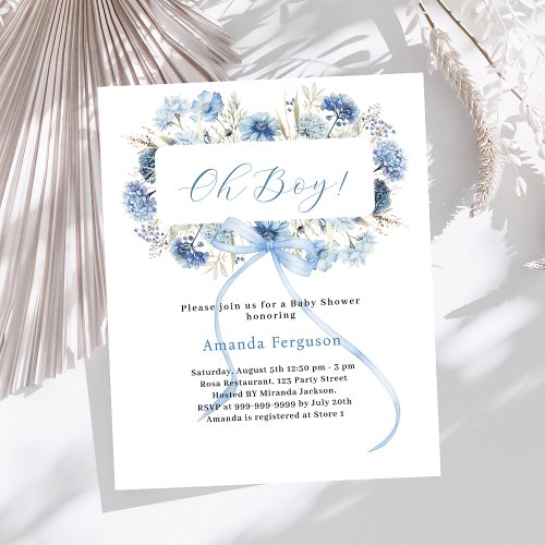 Oh boy blue bow floral Baby Shower invitation