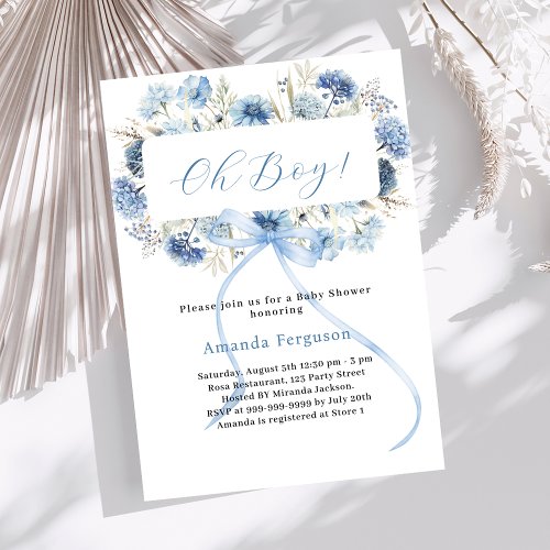 Oh boy blue bow florals Baby Shower Invitation