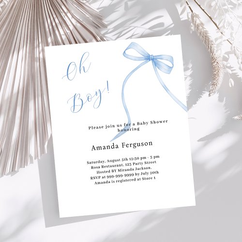 Oh boy blue bow simple Baby Shower invitation