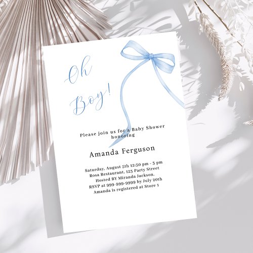 Oh boy blue bow simple elegant Baby Shower Invitation