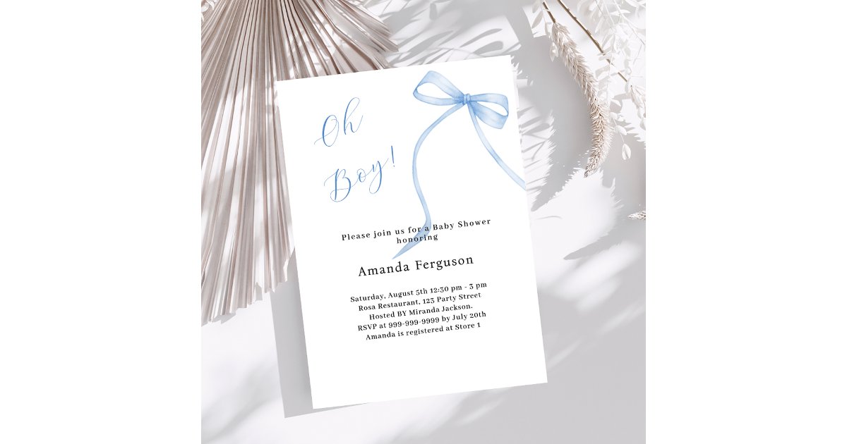 Oh boy blue bow simple elegant Baby Shower Invitation | Zazzle