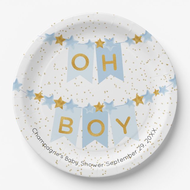 Oh Boy Blue Bunting Flags Baby Shower Paper Plates (Front)