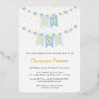 Oh Boy Blue Bunting Flags Photo Baby Shower Foil I Foil Invitation